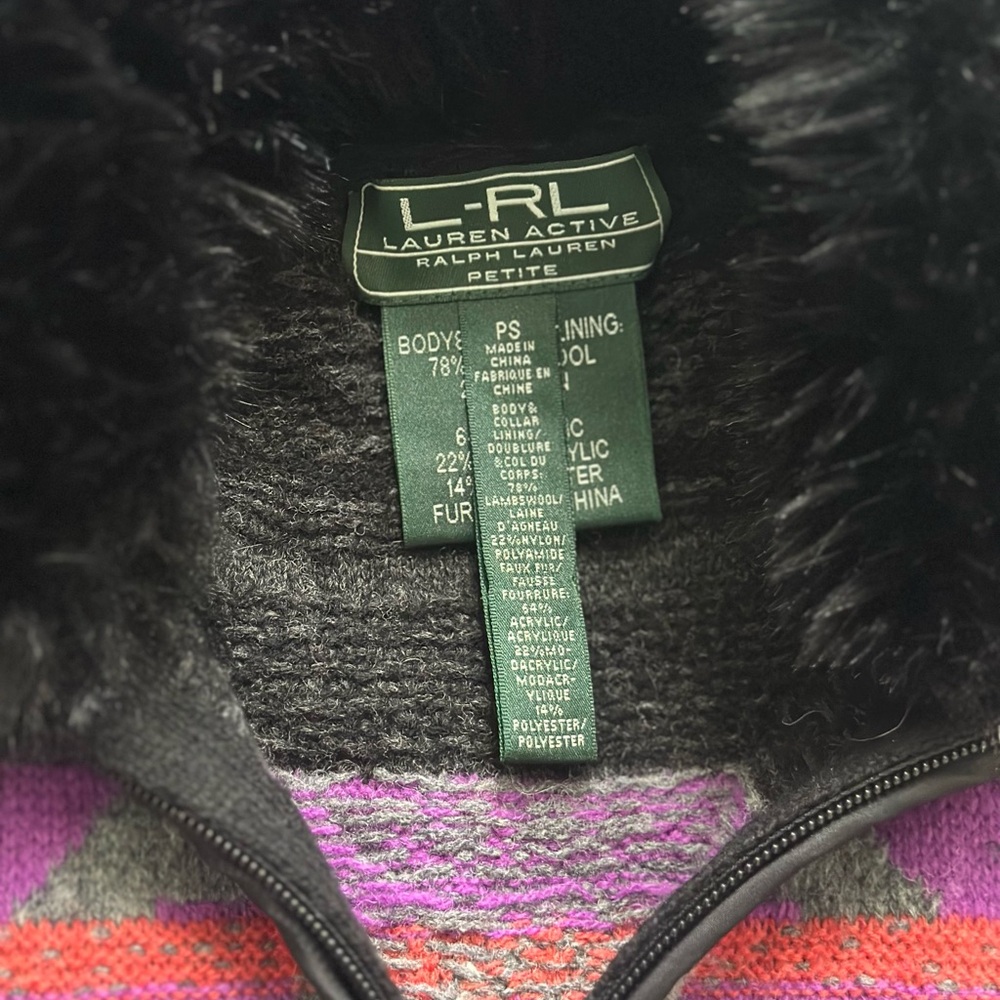 Ralph Lauren Black and Purple Patterned Vest with Fur Collar - Picture 5 of 6